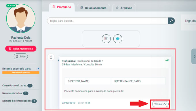 Prontuário e botão de ver mais