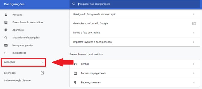 Menu de configurações Avançado