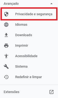 Opção Privacidade e segurança
